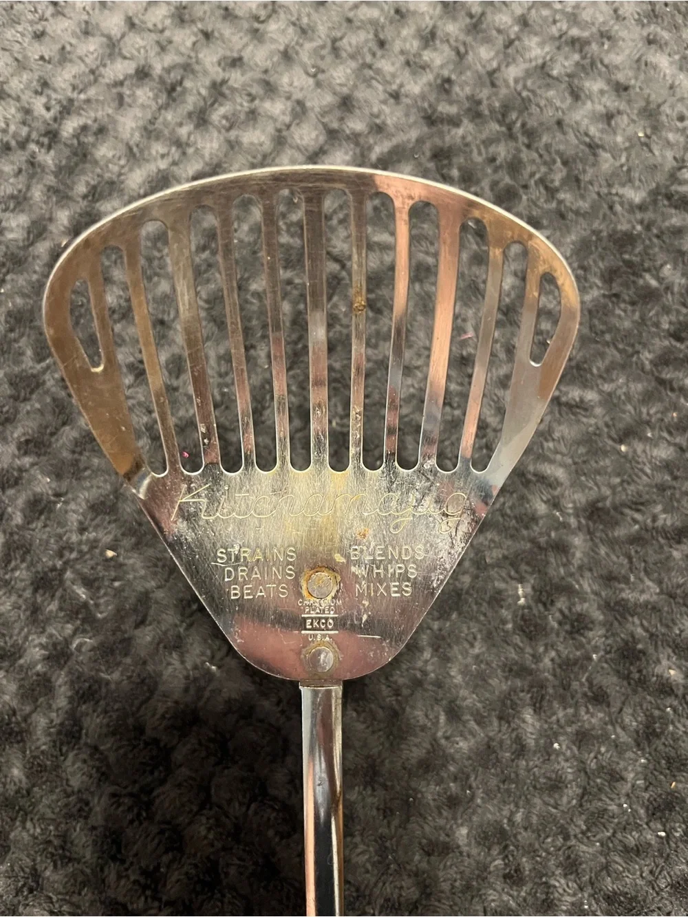 Ekco Kitchamajig Stainless Slotted Blender Whips Strainer Black Handle USA